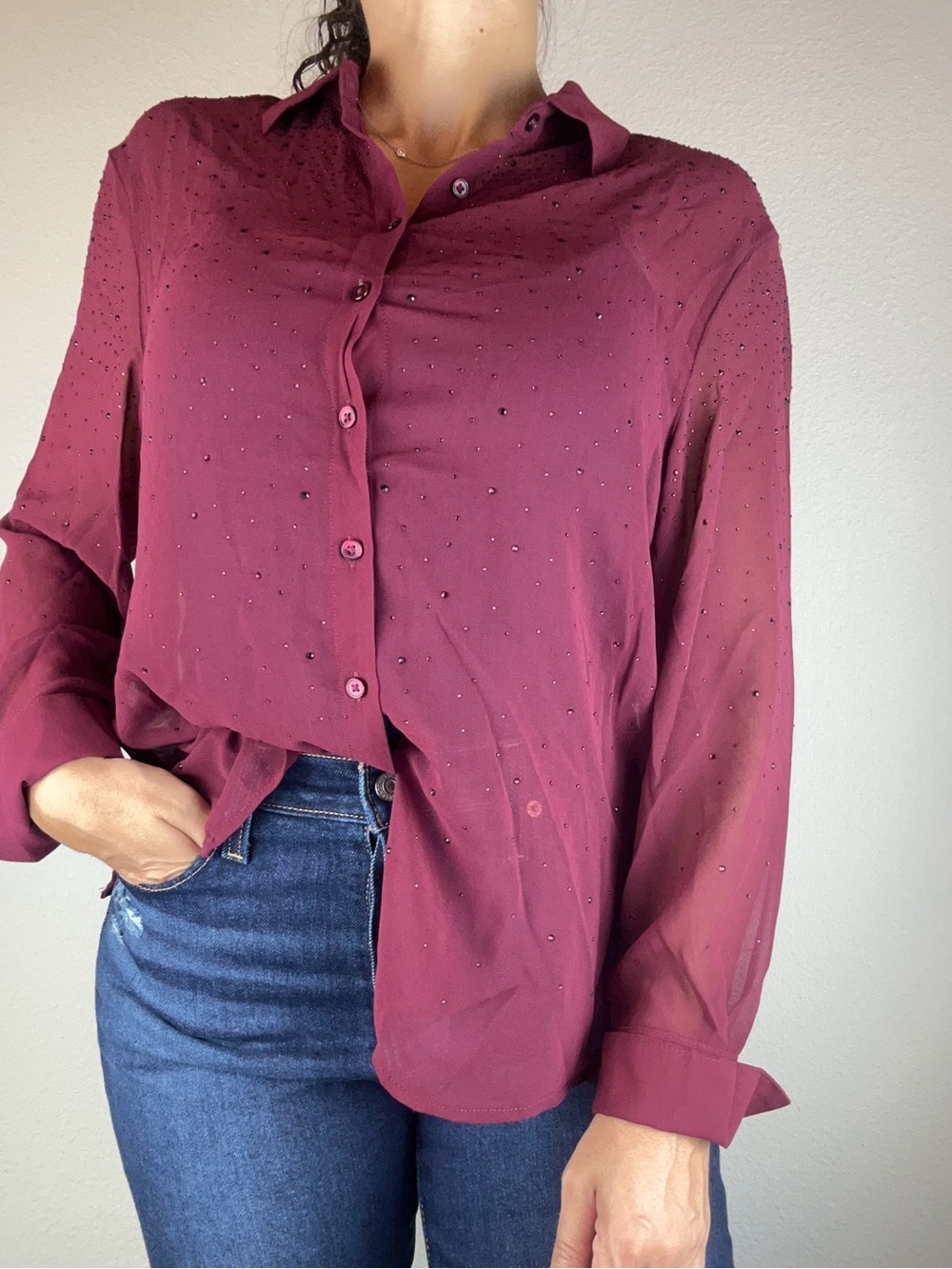 Rachel Zoe Sheer Burgundy Rhinestone Button Down Shirt Women's S Relaxed Fit